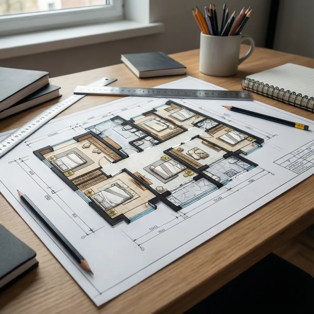 Plano de planta de una vivienda con medidas y distribución de habitaciones