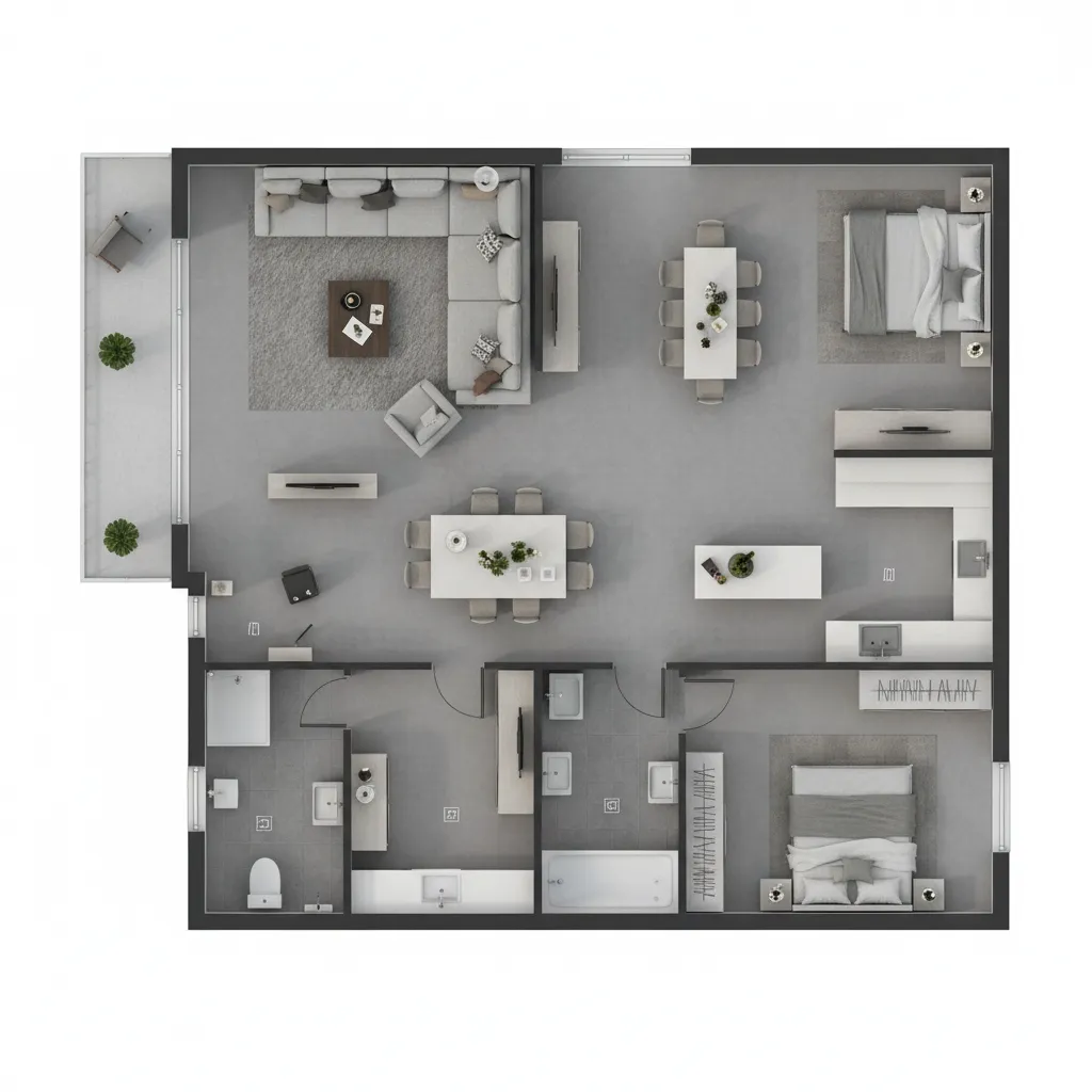 Modern apartment floor plan layout with two bedrooms two bathrooms kitchen dining area and balcony