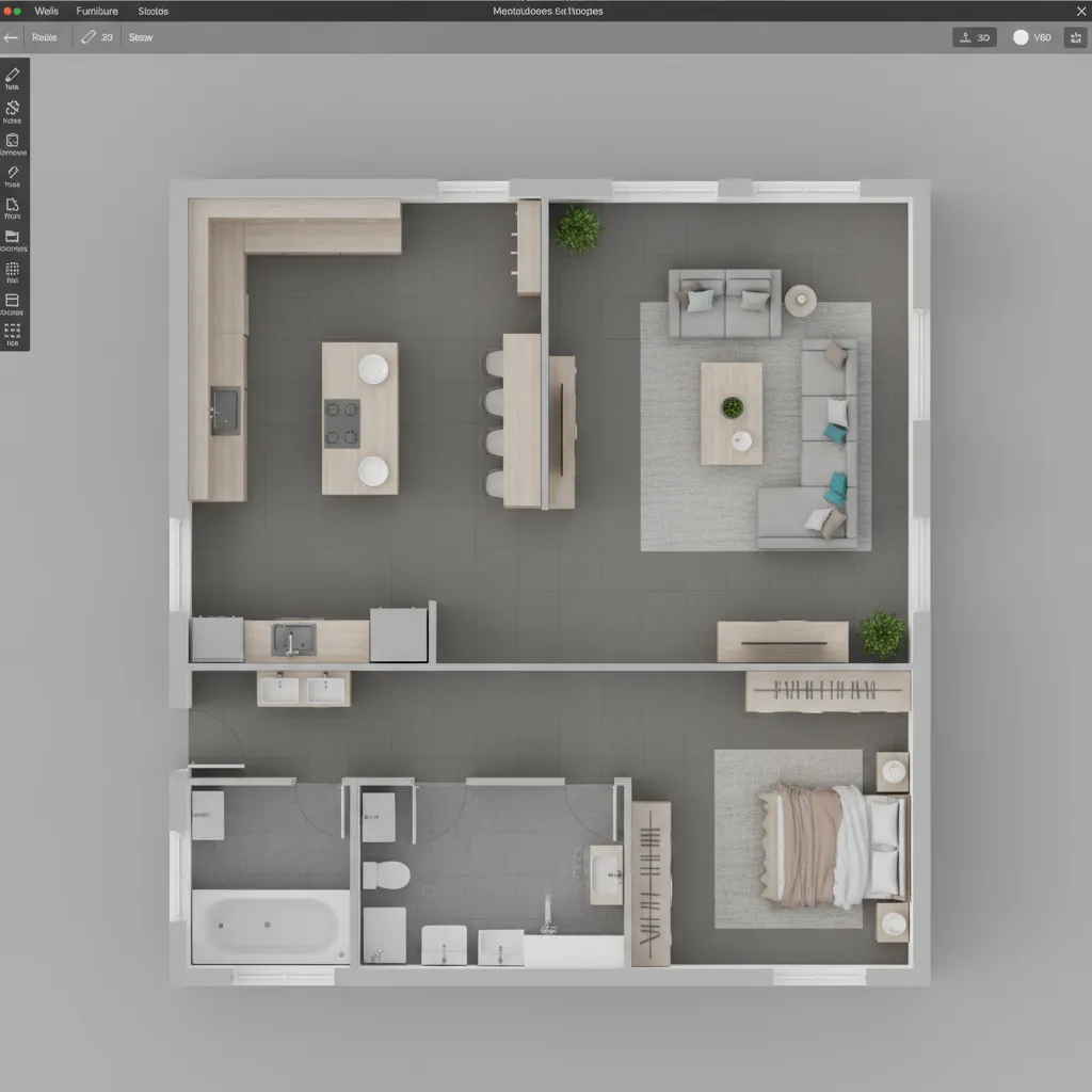 Plano digital de vivienda con muebles colocados en diferentes habitaciones