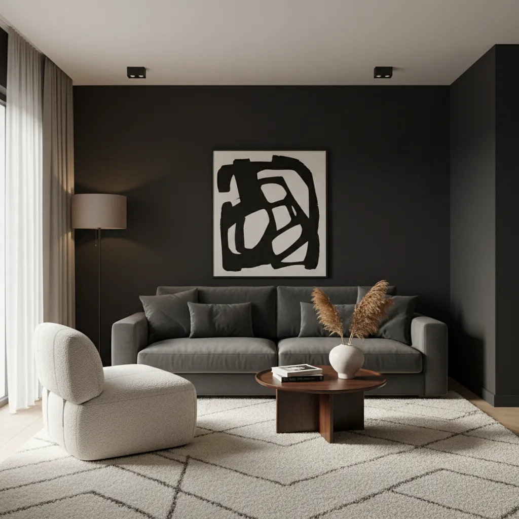 Cream accent chair and rug brightening a black grey living room