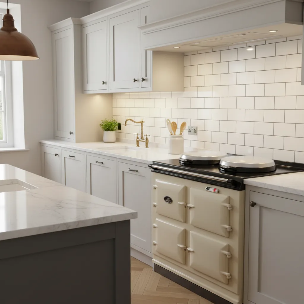Cream AGA cooker with simple white subway tile backsplash and marble worktop