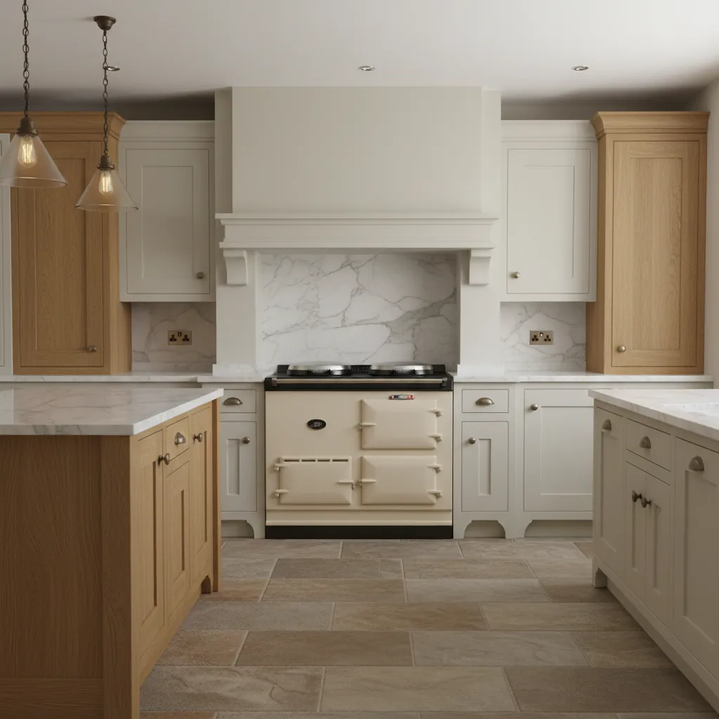 Traditional farmhouse kitchen with cream AGA cooker and shaker cabinets