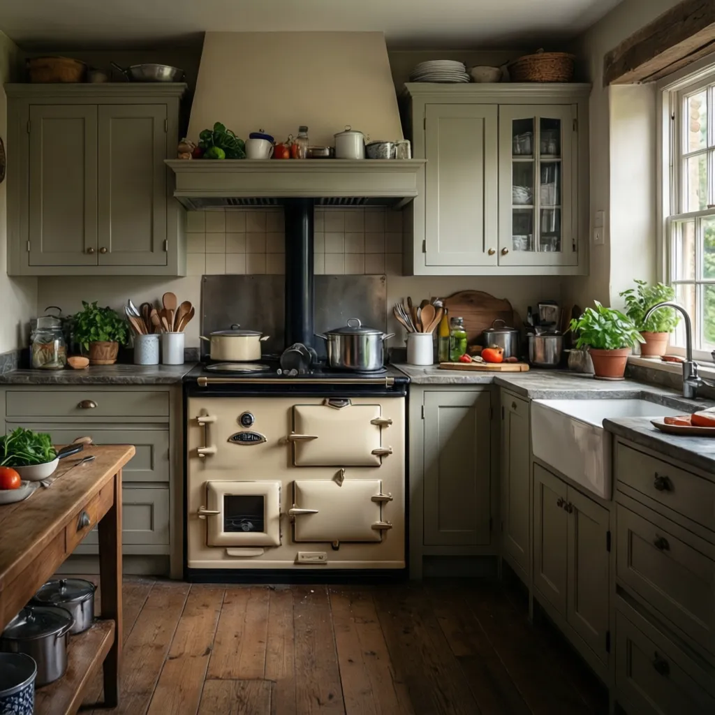 cream AGA cooker installed in a traditional farmhouse kitchen