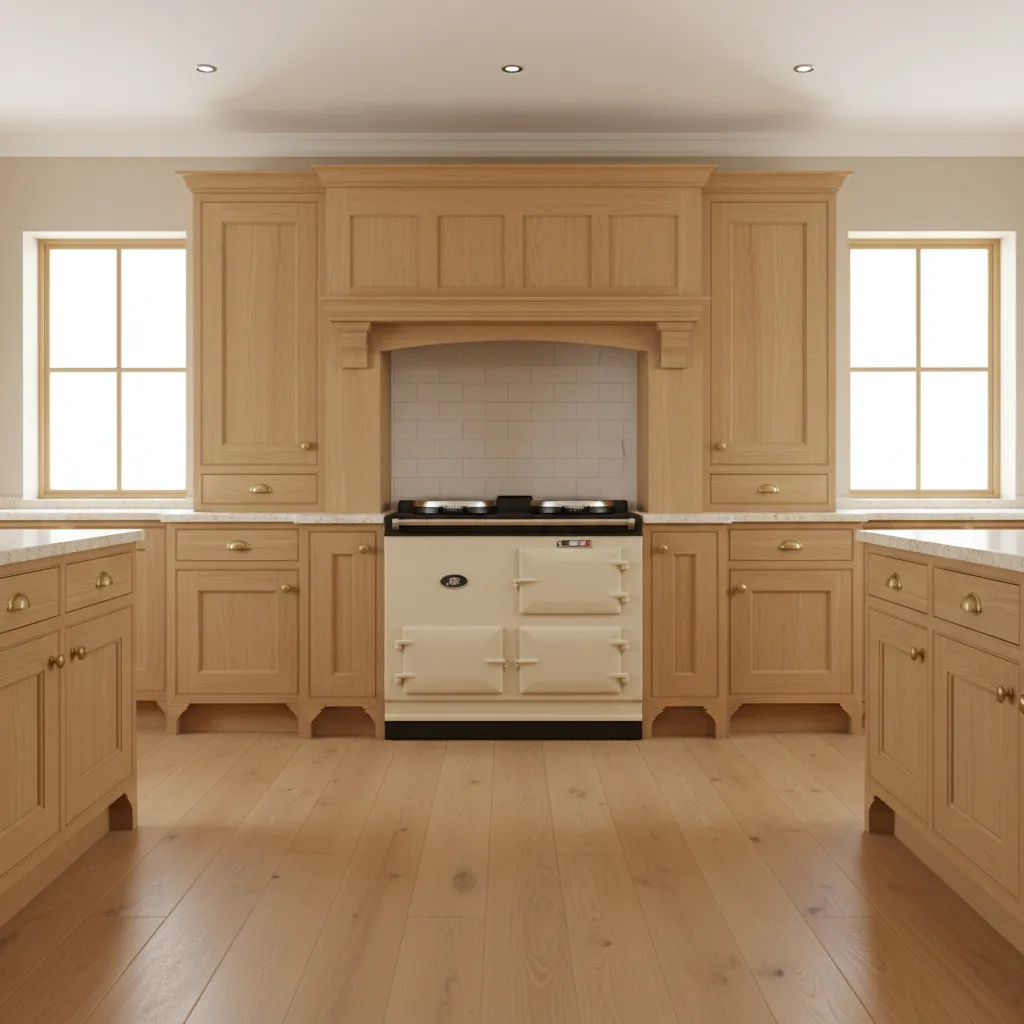 Cream AGA cooker acting as focal point in warm neutral kitchen interior