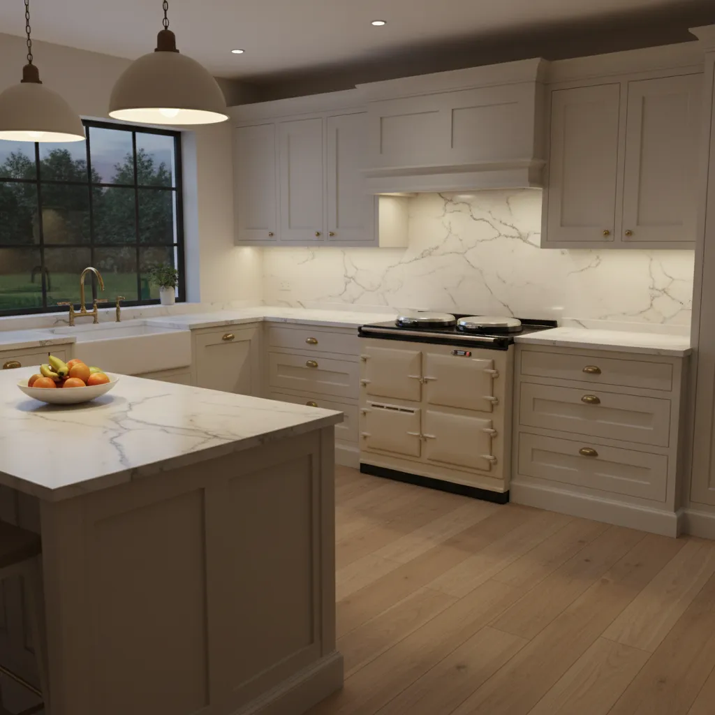 Cream AGA kitchen with layered lighting including pendant and under cabinet lights