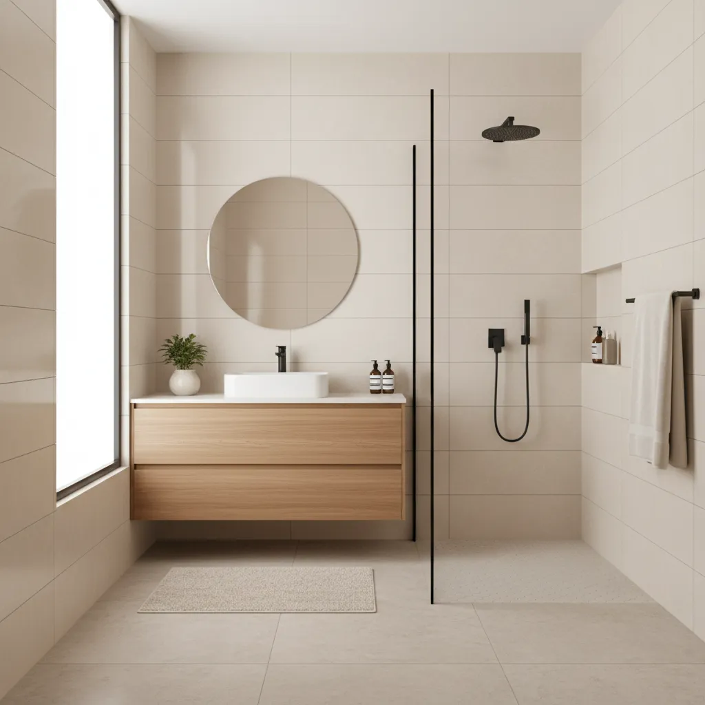 cream bathroom with black fixtures and wood accents for contrast