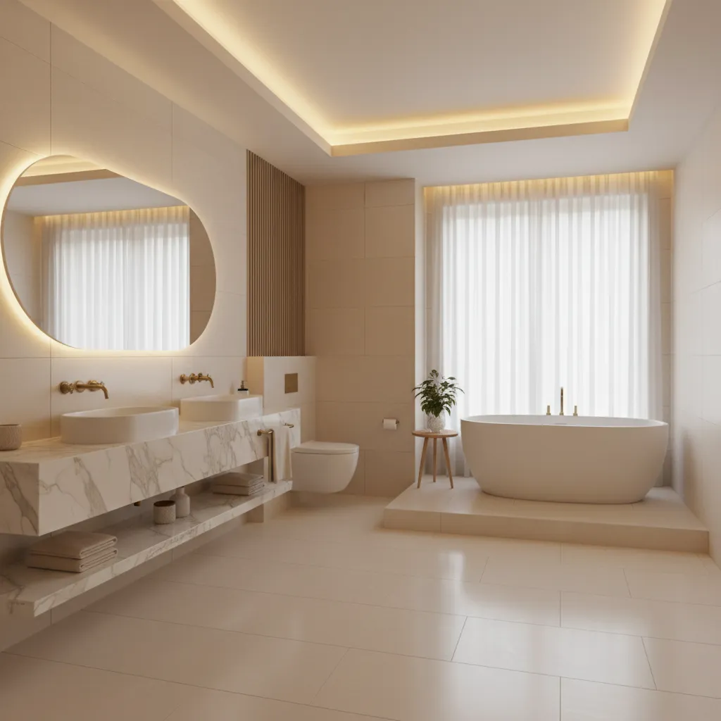 Cream bathroom interior showing warm ambient lighting and neutral palette