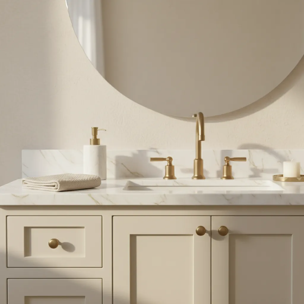 Cream bathroom vanity with marble countertop and brushed brass faucet