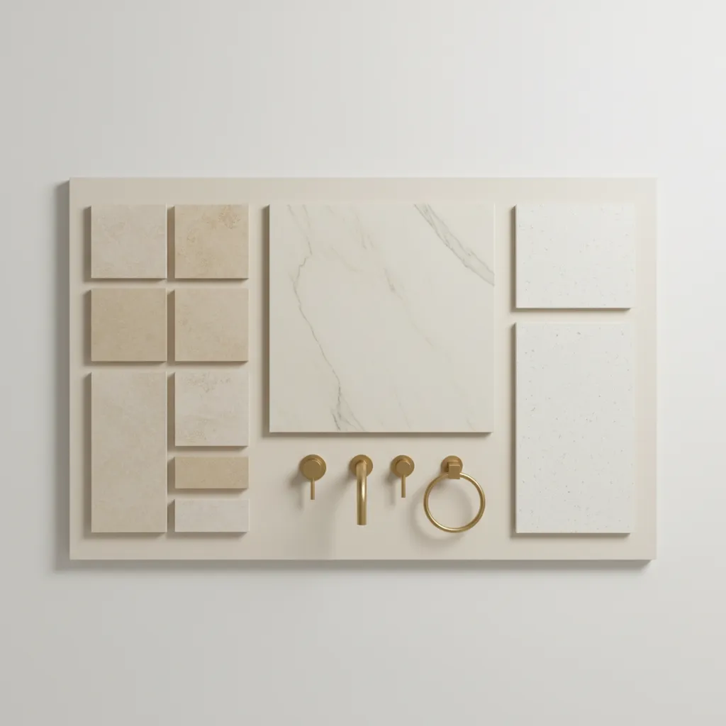 Cream bathroom materials including marble stone and brass fixtures
