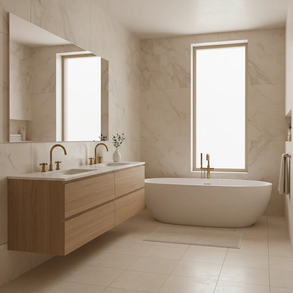 Cream bathroom palette with marble tiles wood vanity and brass fixtures