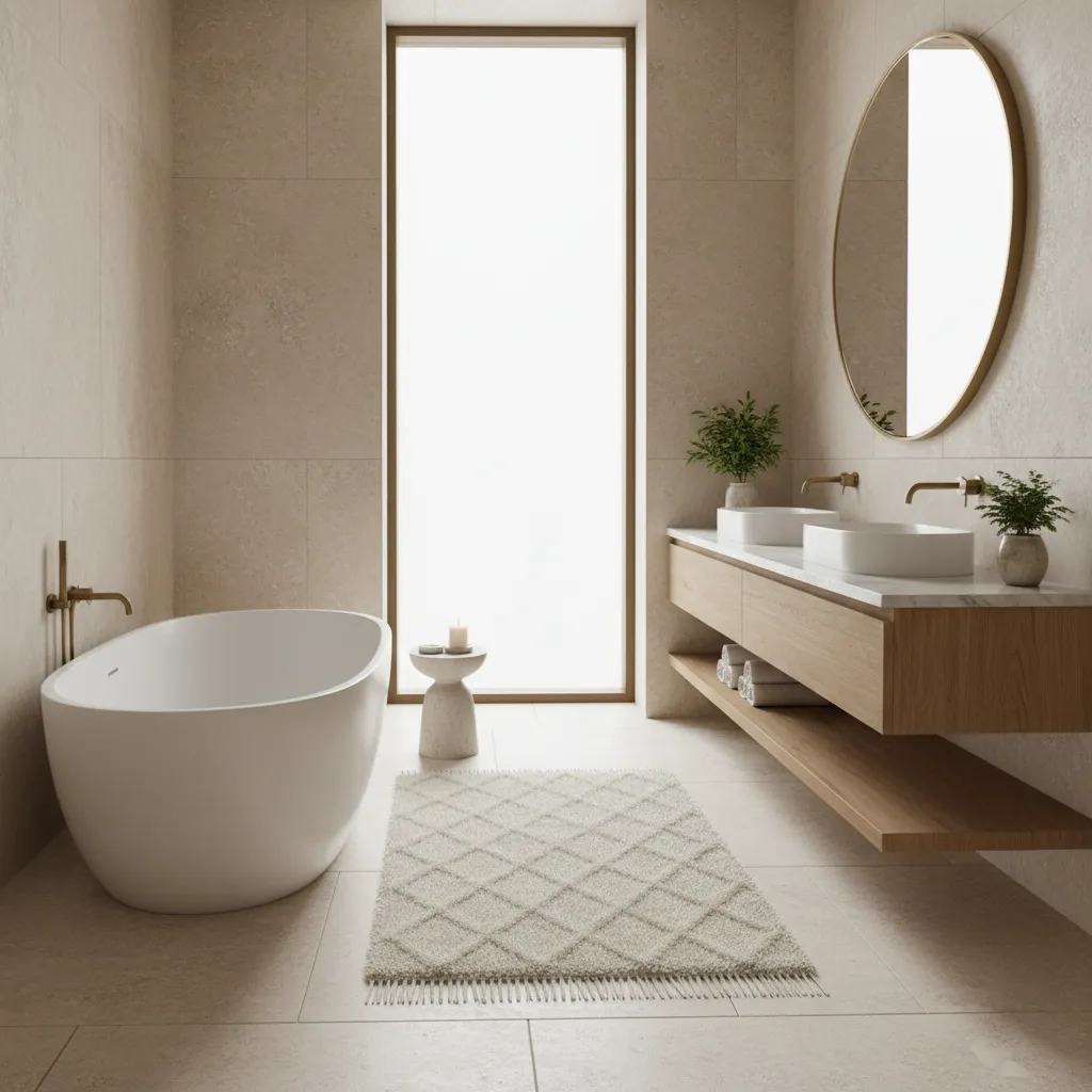 Cream bathroom rug placed beside a modern bathtub in a neutral spa style bathroom