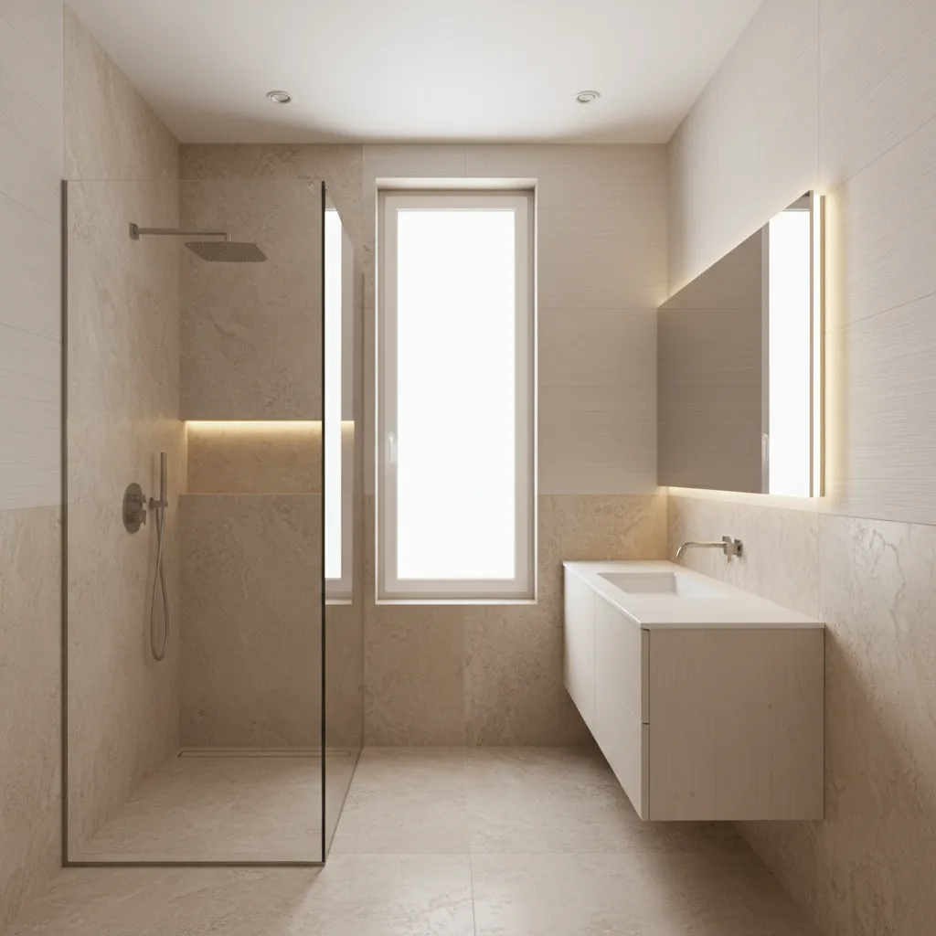 Cream bathroom with warm stone tiles and textured shower wall
