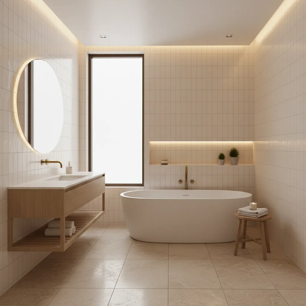 Warm cream bathroom interior with natural materials and soft lighting