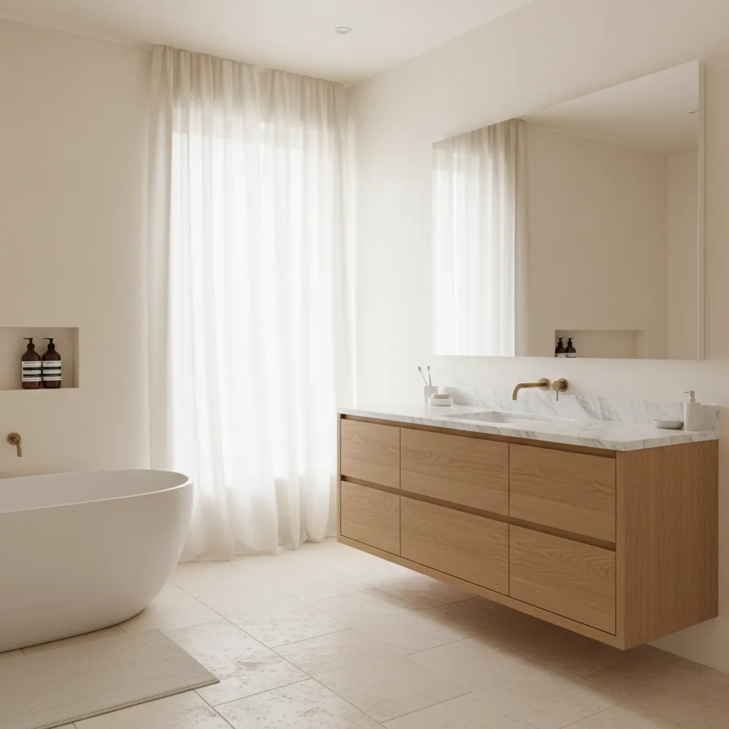 Cream bathroom with oak vanity stone floor and marble countertop