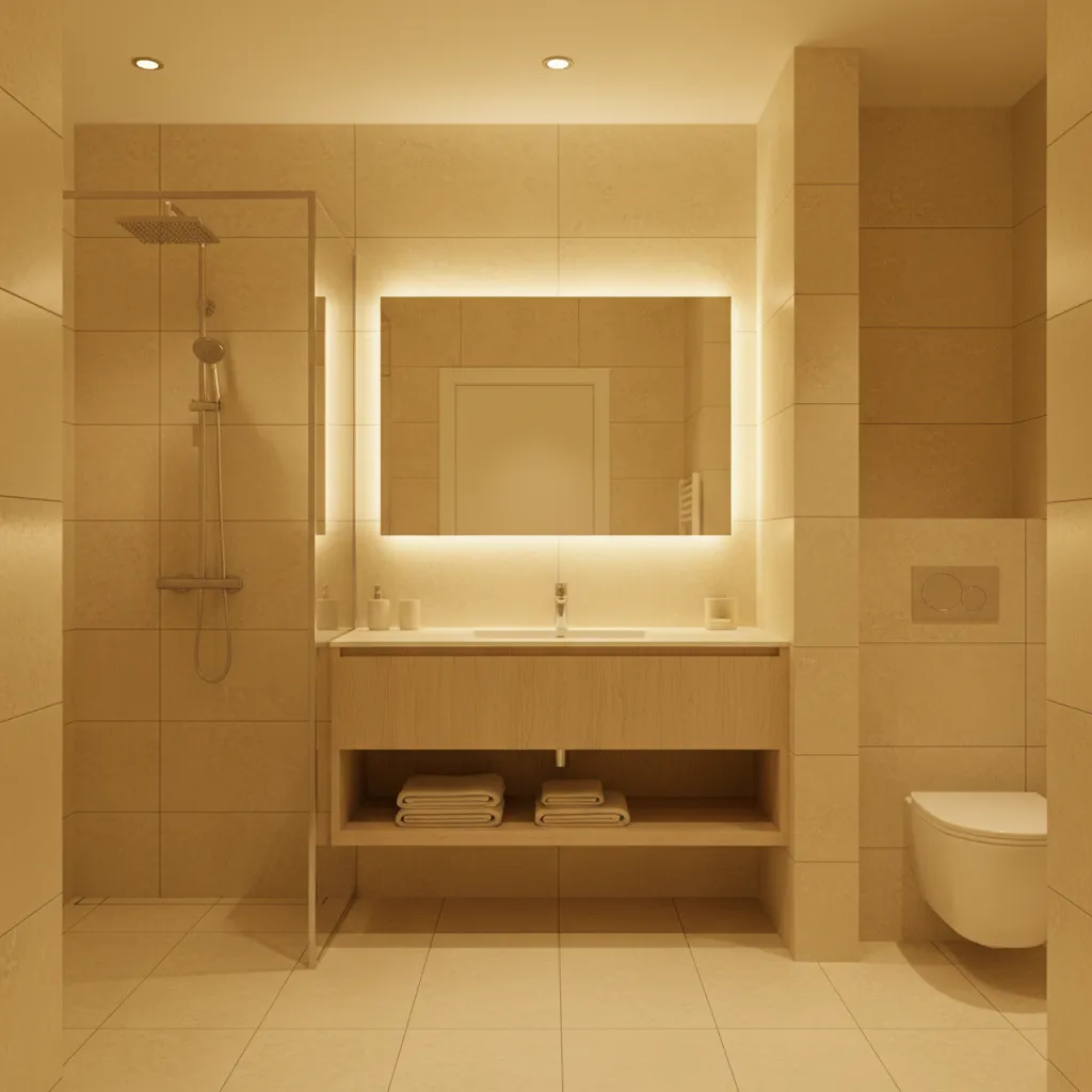 cream bathroom appearing yellow due to warm lighting