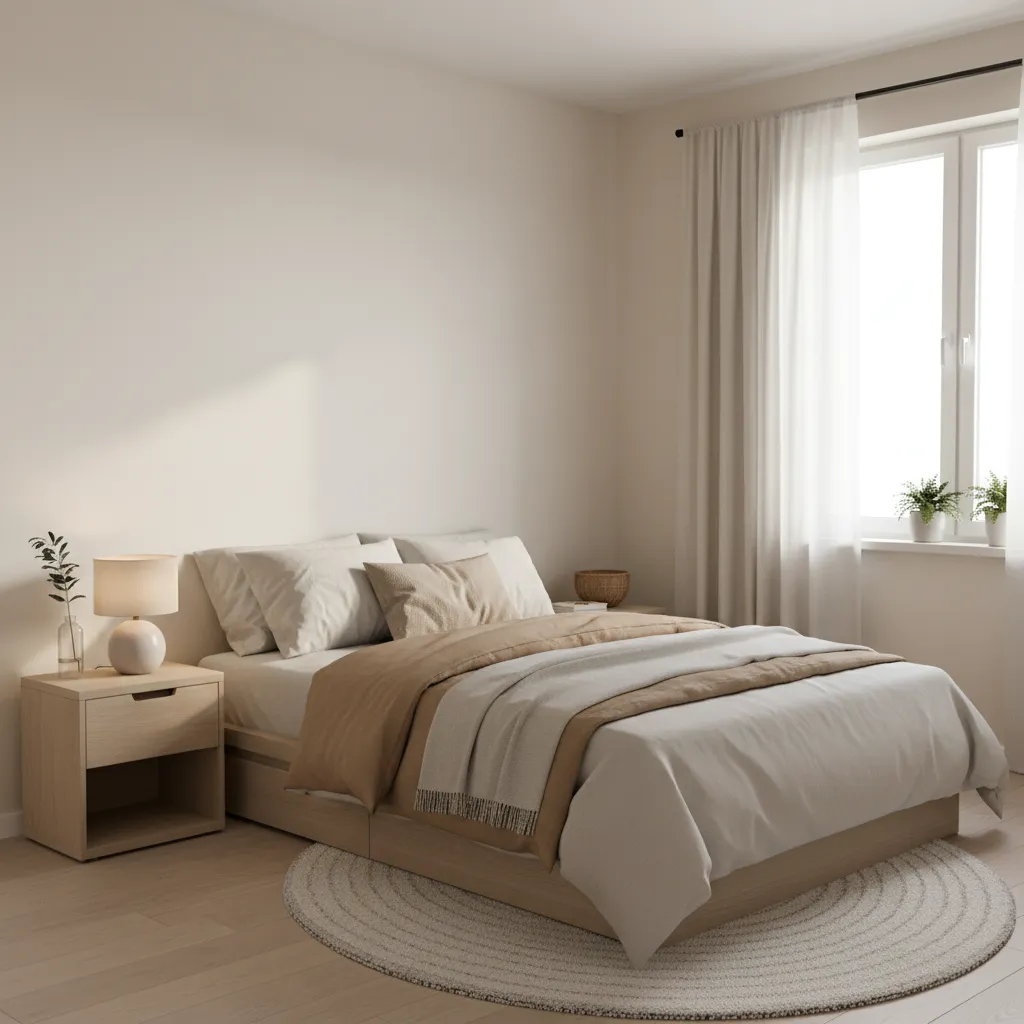 small bedroom with cream walls soft bedding and natural daylight