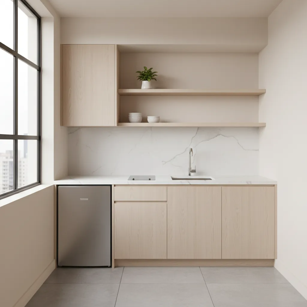 Small kitchen with cream and beige walls creating bright vastu friendly space