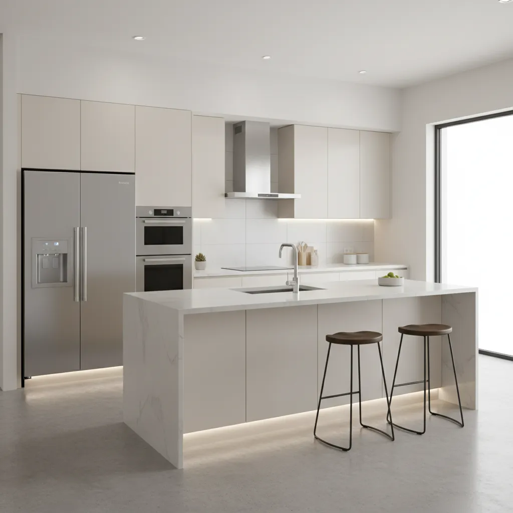 Cream kitchen cabinets under cool white lighting showing lighter tones