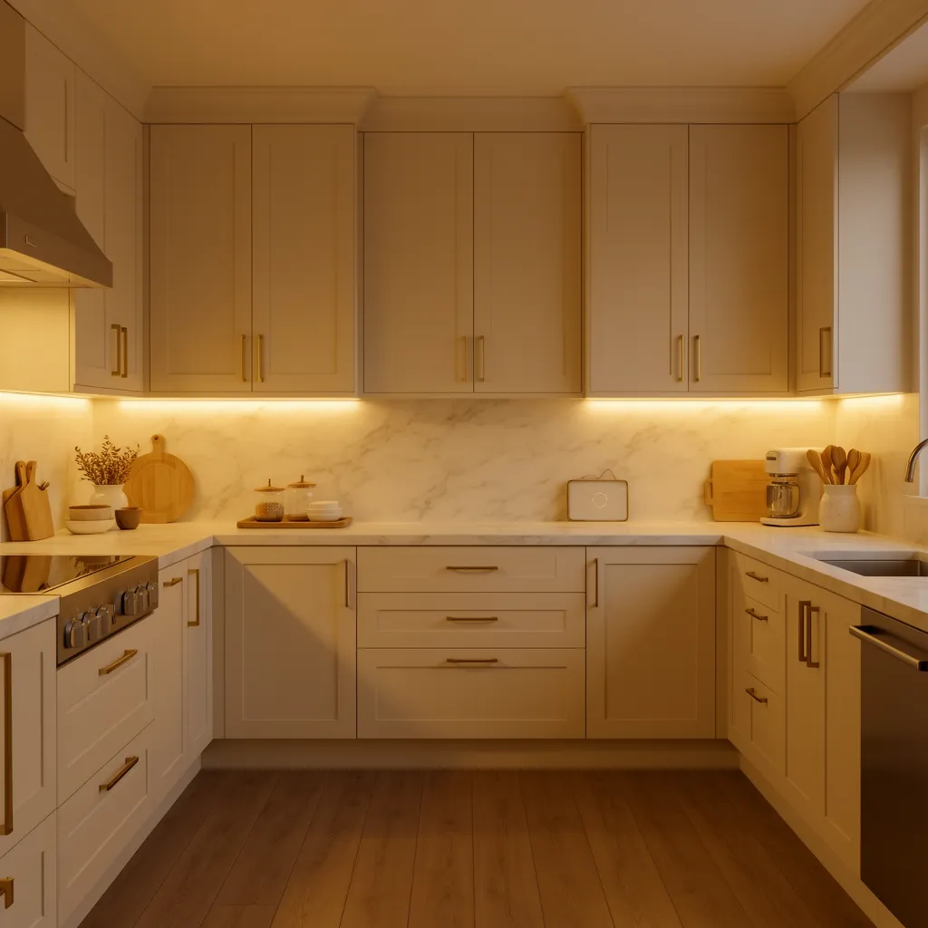 Cream kitchen cabinets illuminated with warm lighting creating a cozy tone