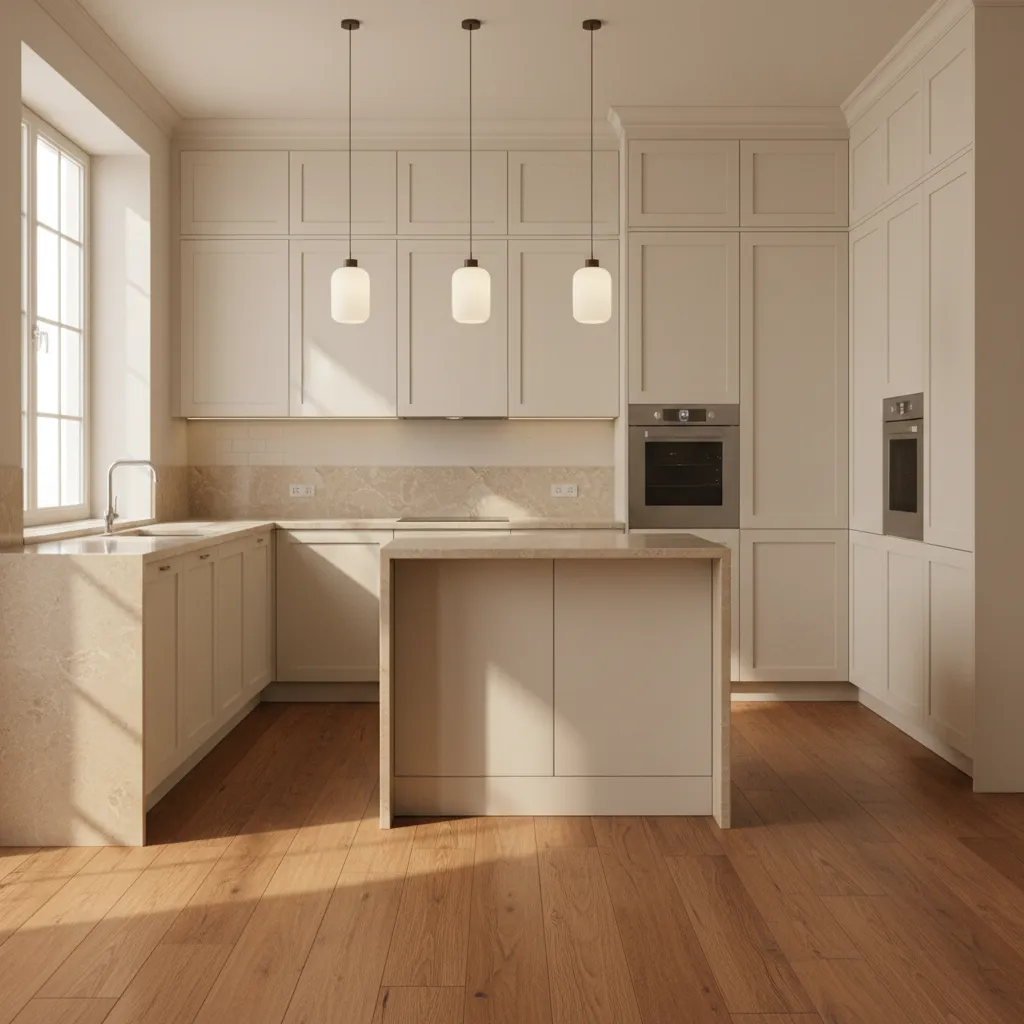 Cream cabinets reflecting warm tones from wood floors and beige countertops