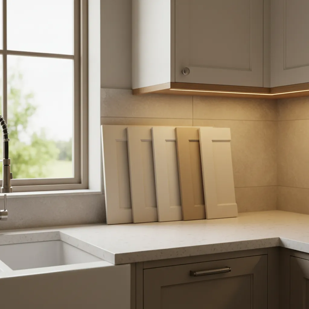 Cabinet color samples placed in a kitchen under different lighting conditions