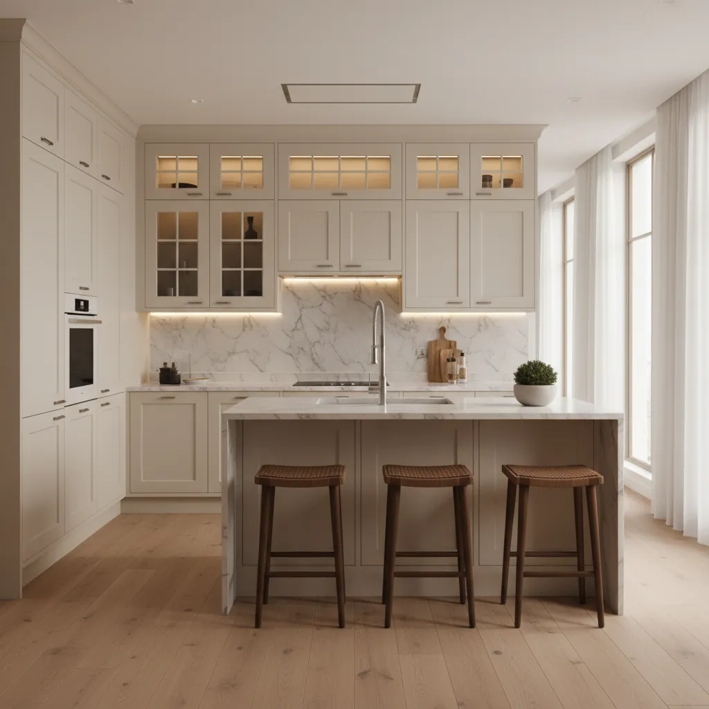 Cream kitchen cabinets illuminated with warm 3000K lighting