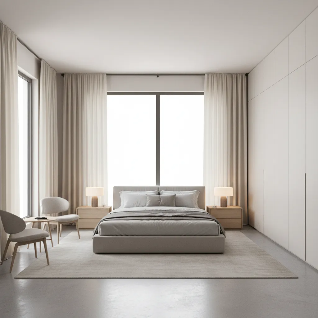 Bedroom layout showing floor length cream curtains and proper curtain width