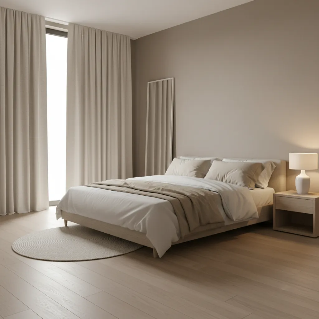 Minimal bedroom with cream curtains filtering soft daylight