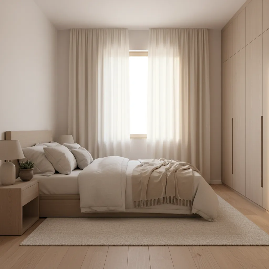 Bedroom with cream curtains allowing bright sunlight through window
