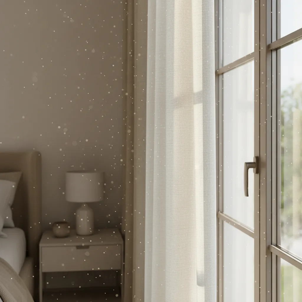Close view of light cream curtains showing dust in sunlight