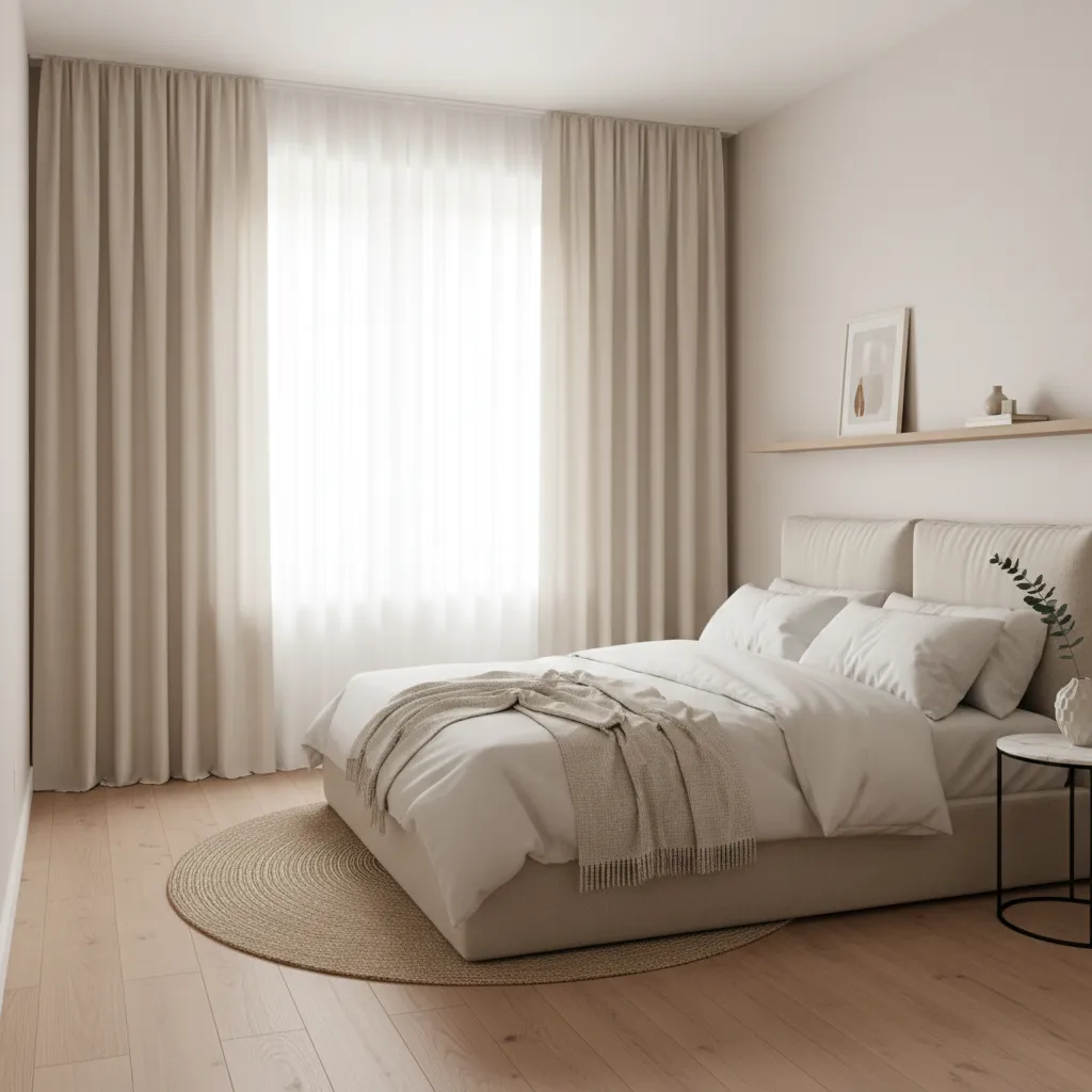 Small bedroom with cream curtains making the window appear larger
