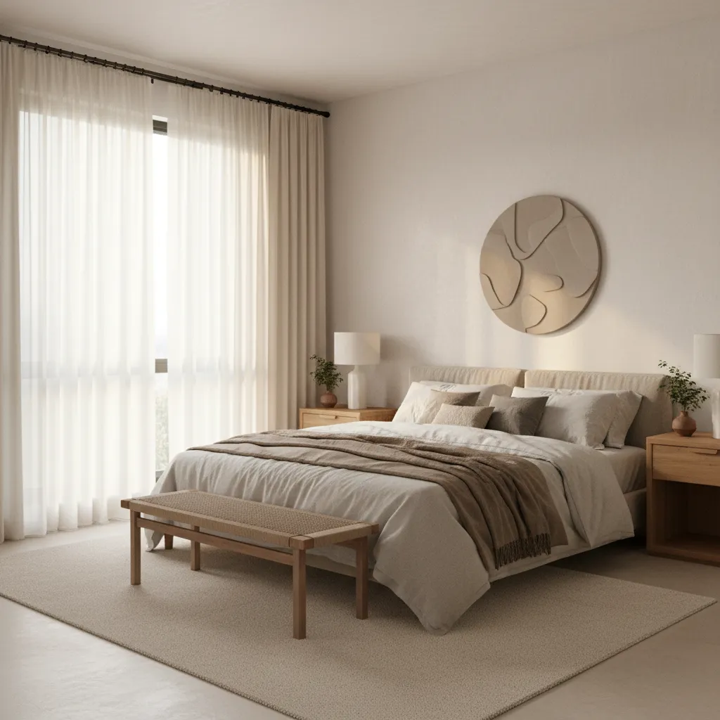 Soft neutral bedroom with cream curtains filtering daylight