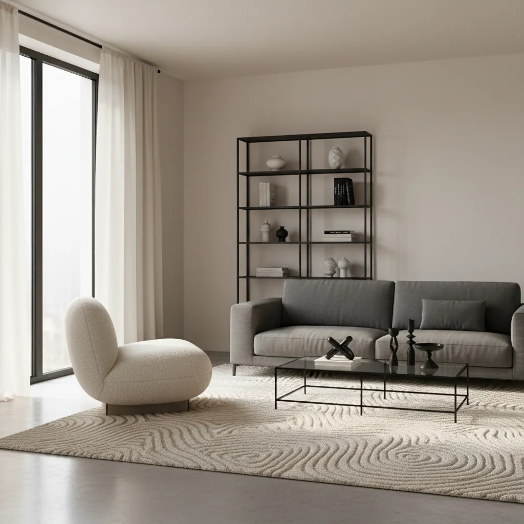 Cream rug and chair brightening a grey and black living room interior