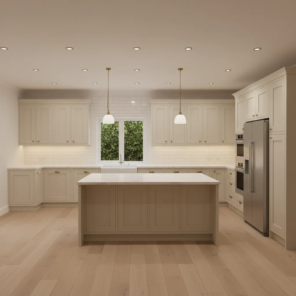 Cream kitchen cabinets with balanced ambient ceiling lighting