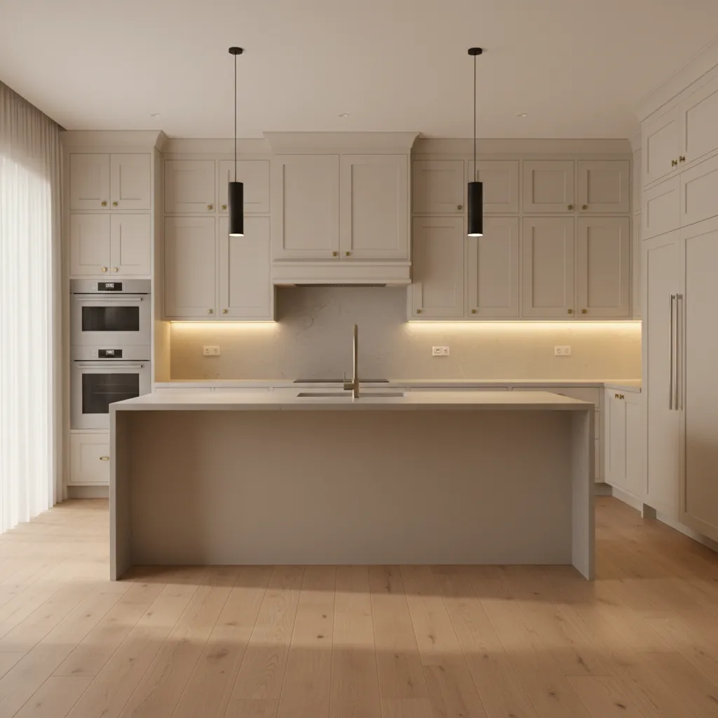 Cream kitchen cabinets appearing yellow under warm lighting