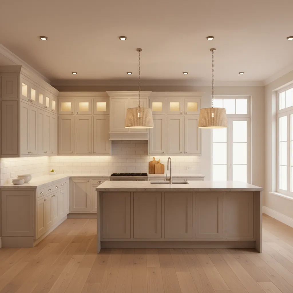 Cream kitchen cabinets illuminated with recessed and under cabinet lighting