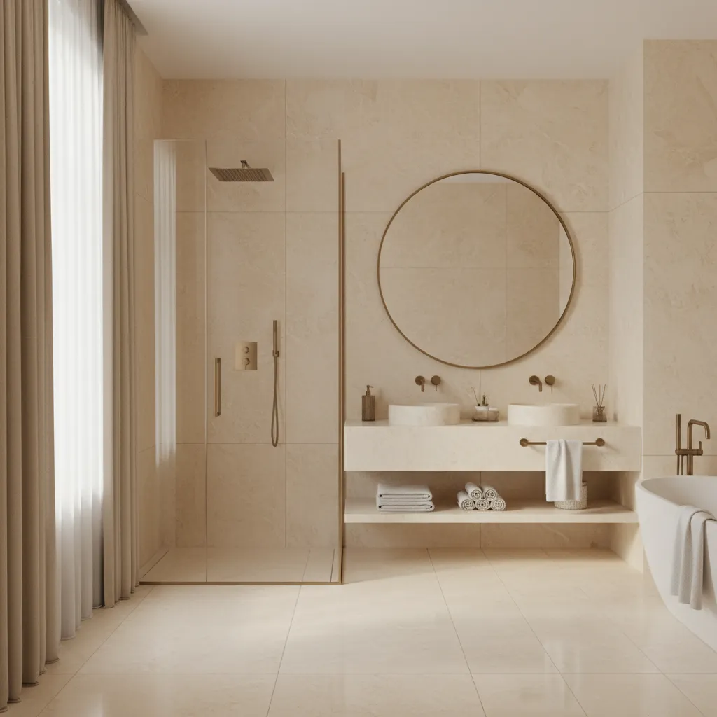Modern beige marble bathroom with glass shower round mirror double sink vanity bathtub and curtains
