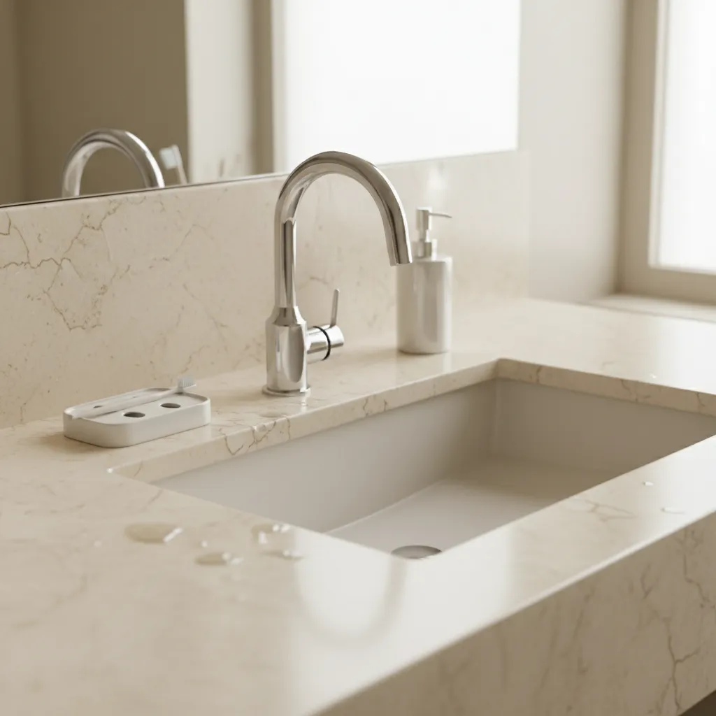 Chrome faucet on beige marble countertop with white sink and water drops in a bathroom