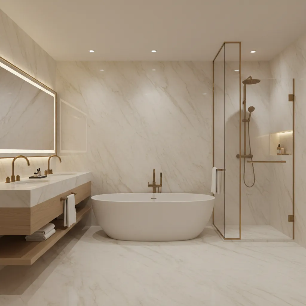 Elegant cream marble bathroom with freestanding tub and brass fixtures