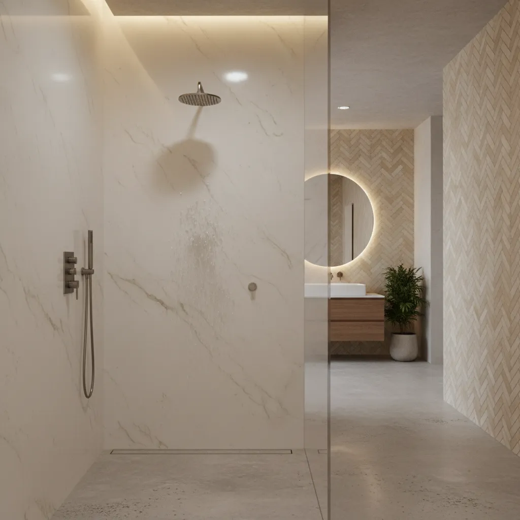 Modern shower with marble walls next to a wood cabinet and round mirror in bathroom