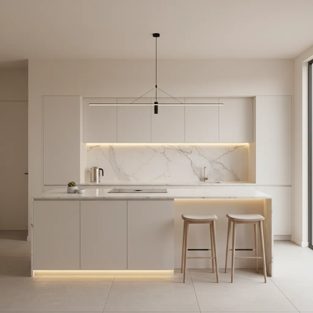 Neutral cream colored kitchen walls with modern cabinetry and warm lighting