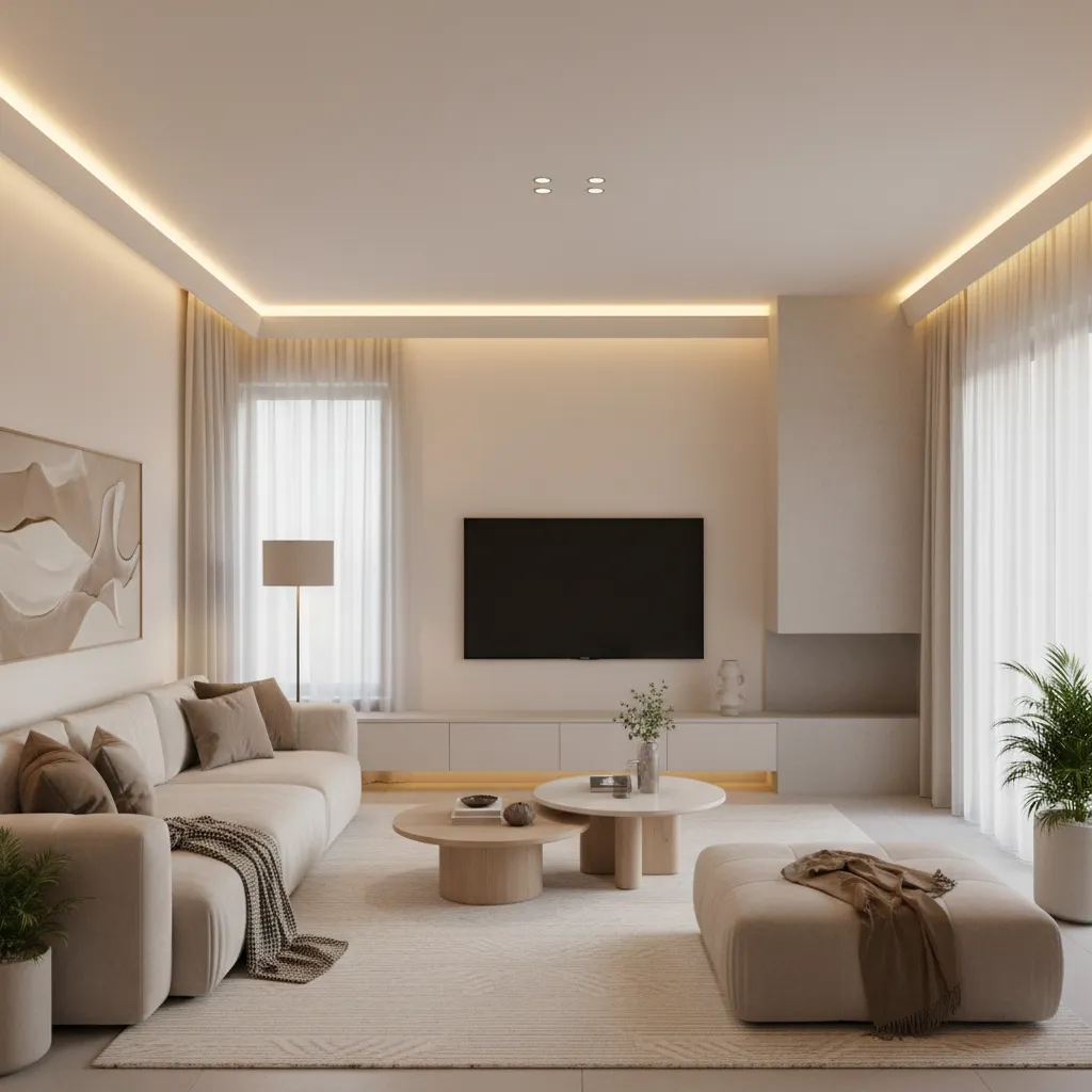 cream painted room with warm ambient lighting and modern decor