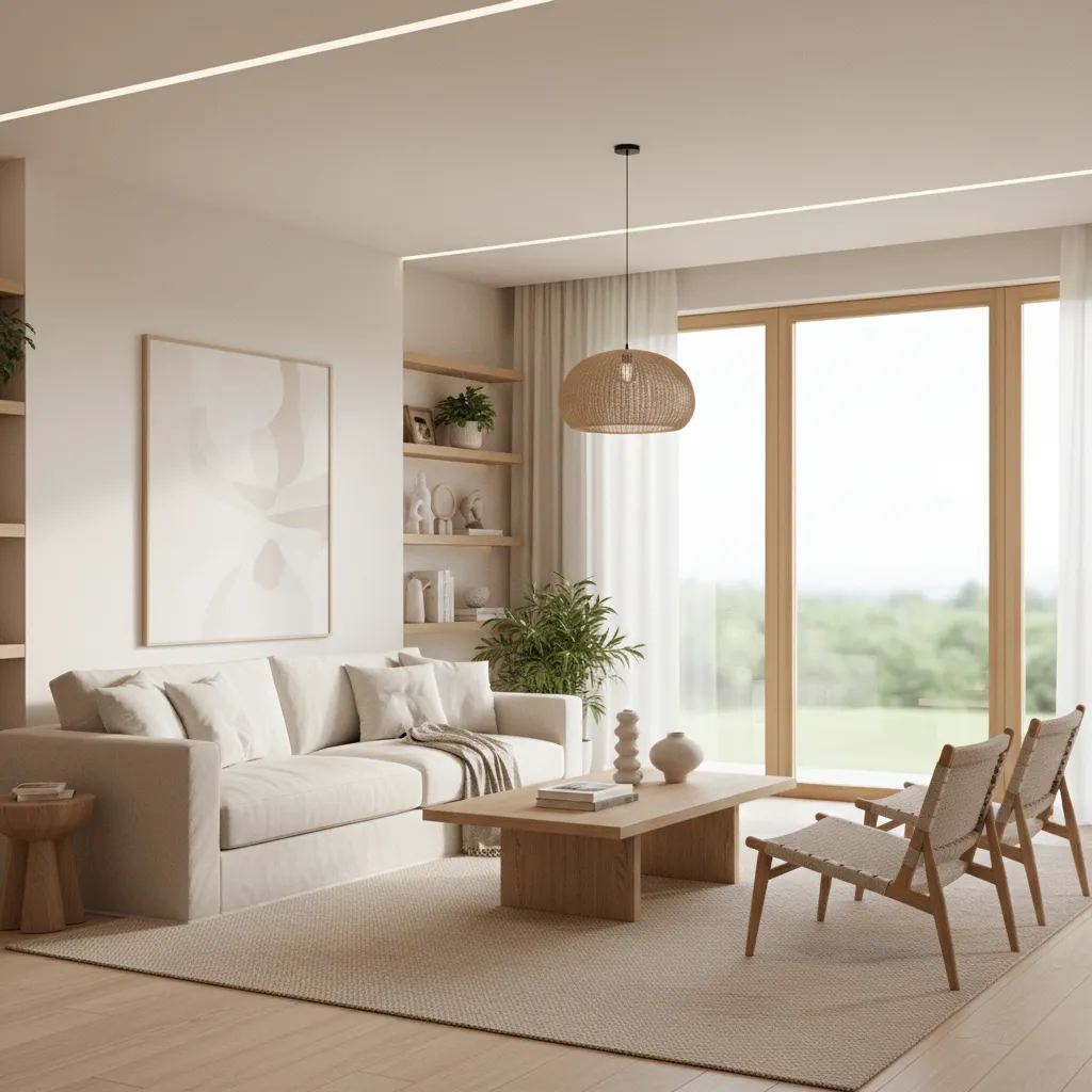 Bright living room with cream sofa and beige carpet