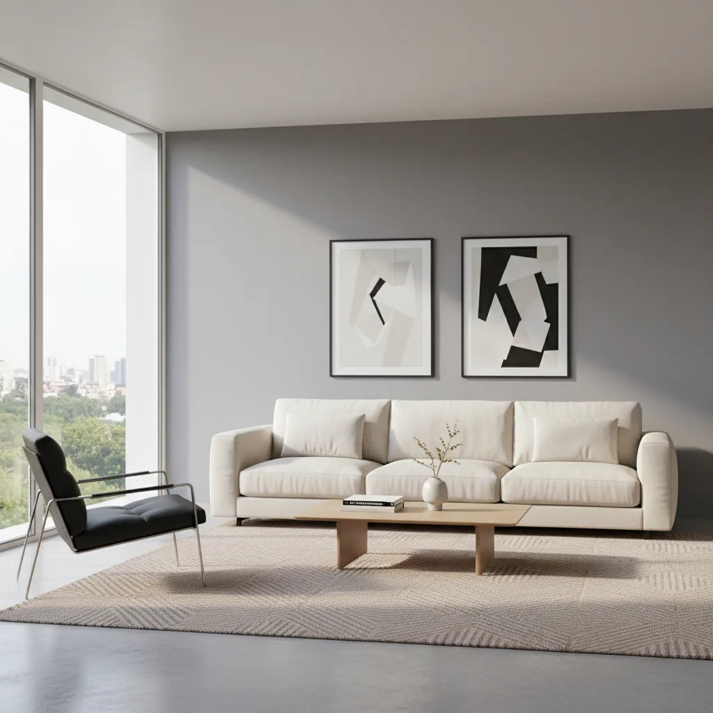 Cream sofa in a black grey living room with neutral decor