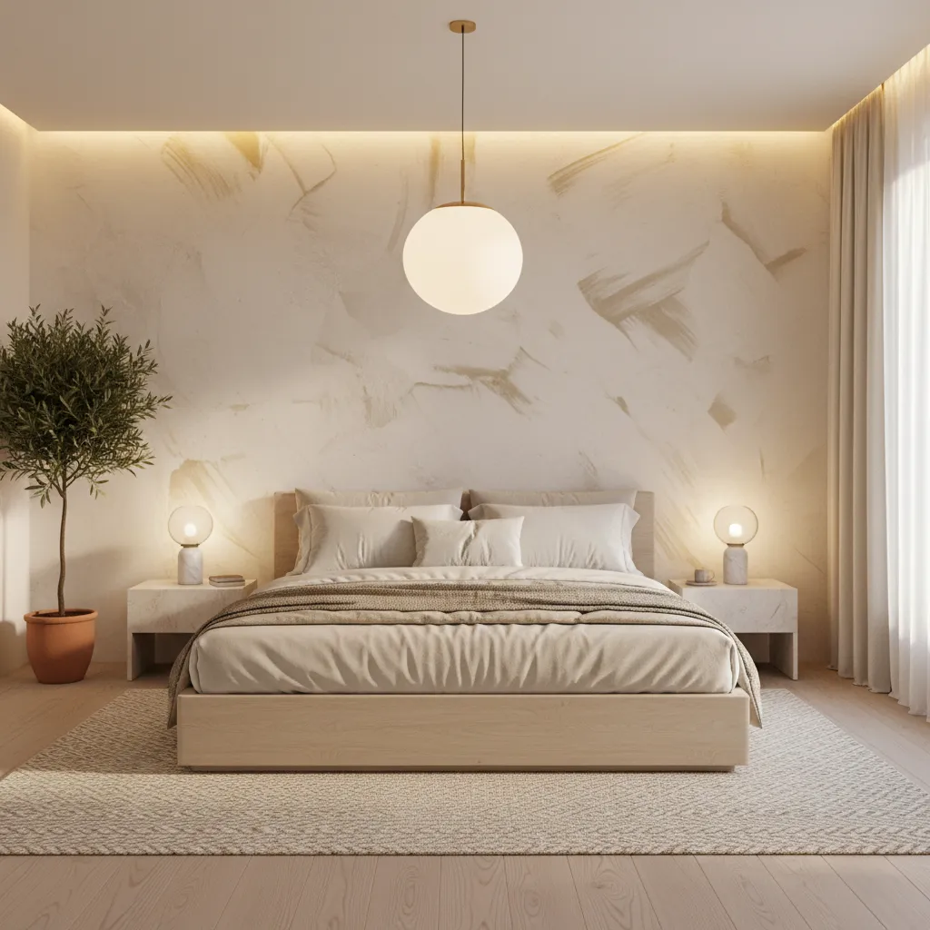textured cream accent wall behind bed with soft lighting
