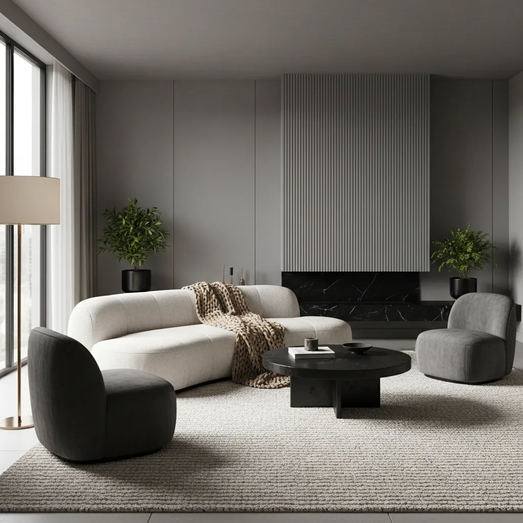 Cream textured rug and sofa brightening a dark grey living room