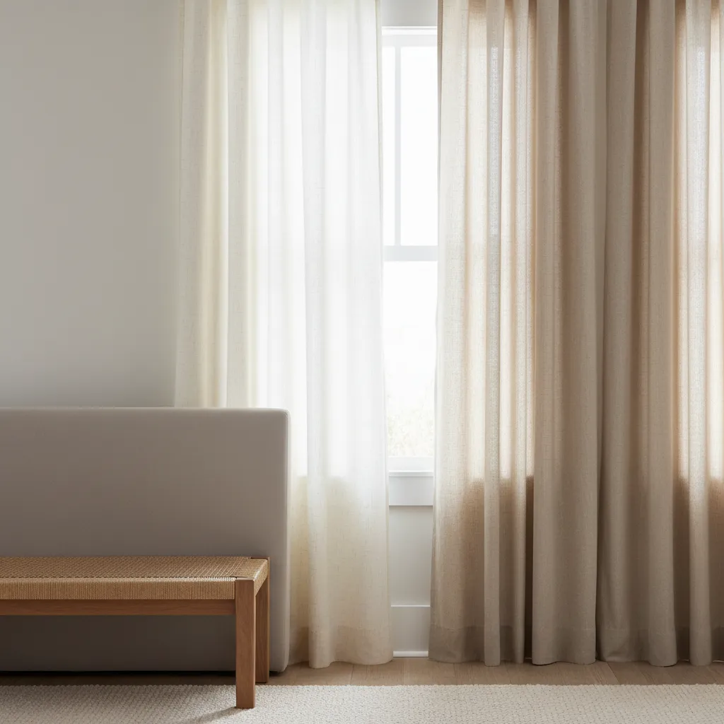 Side by side cream and beige curtain fabrics near bedroom window
