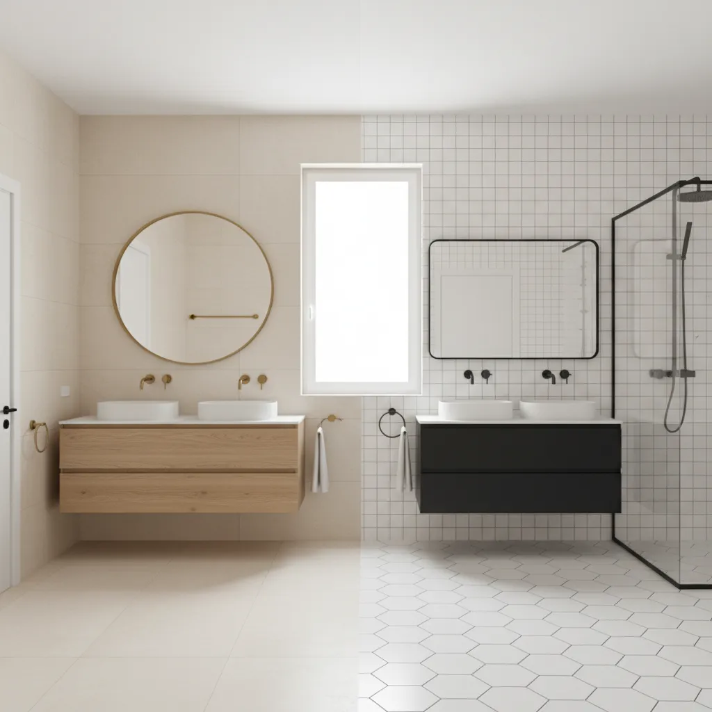 Comparison of cream tiles and white tiles with different bathroom materials