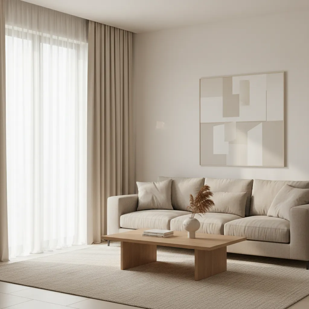living room with cream walls and curtains that blend too closely with wall color