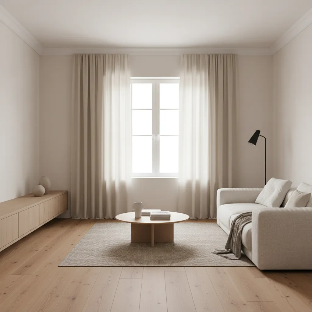 Living room with cream walls and neutral linen curtains styled in a modern interior
